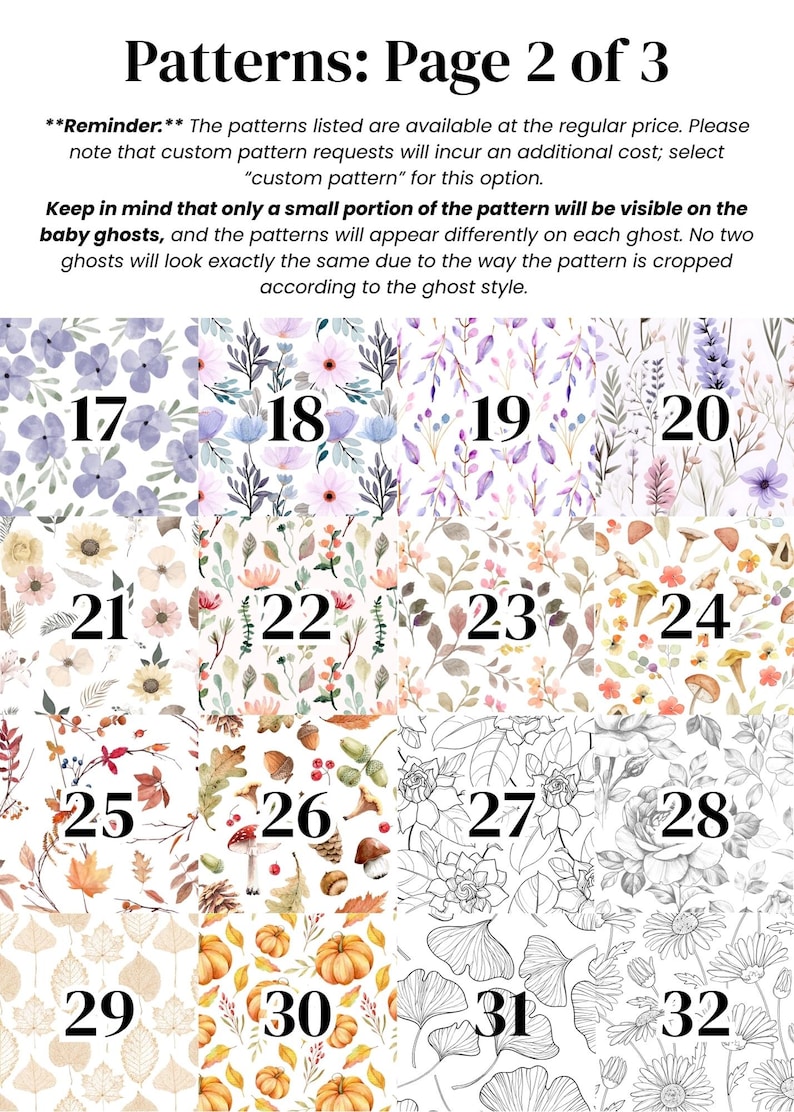 May include: A digital catalogue titled Patterns: Page 2 of 3, displaying sixteen numbered squares featuring various botanical, floral, mushroom, autumn leaf, and pumpkin illustrations, alongside black and white line art floral and leaf patterns.