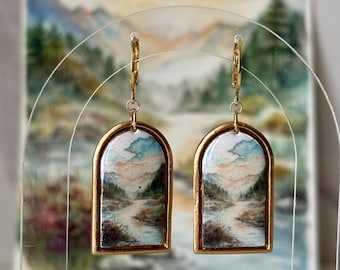 Miniture Framed Painting Earrings, Original Watercolor by April's Escape, Mountain Landscape, Gold-plated Stainless Steel, Nature Jewelry