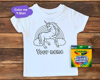 Unicorn Rainbow Kids Coloring T-Shirt / Doodle Shirt / Color Me Tee / Nombre personalizado