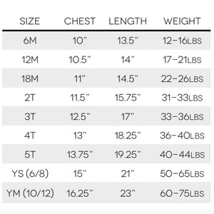 May include: Size chart for children's clothing with measurements in inches and weight in pounds. The chart shows the size, chest measurement, length measurement, and weight range for each size. Sizes include 6M, 12M, 18M, 2T, 3T, 4T, 5T, YS (6/8), and YM (10/12).