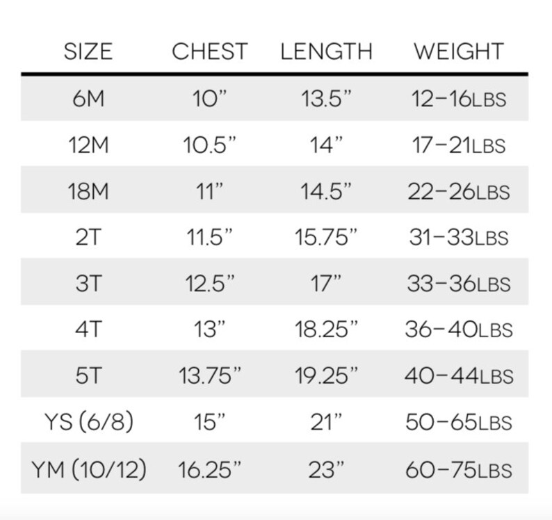 May include: Size chart for children's clothing with measurements in inches and weight in pounds. The chart shows the size, chest measurement, length measurement, and weight range for each size. Sizes include 6M, 12M, 18M, 2T, 3T, 4T, 5T, YS (6/8), and YM (10/12).