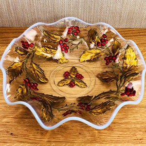 1950’s-60’s Christmas Bowl - Holly-Patterned - Wavy Hand-Painted Glass w/ Whitish Rim - Mid Century Holiday Decor
