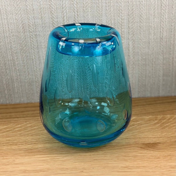 Vintage Aqua Bubble Glass Vase - Curved / Rolled Rim Edge - Blown Glass - Contemporary Design - Home Decor