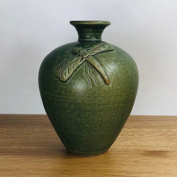 Vintage Dragonfly Ceramic Bud Vase - Green Glazed - Decorative Housewares - Home Decor