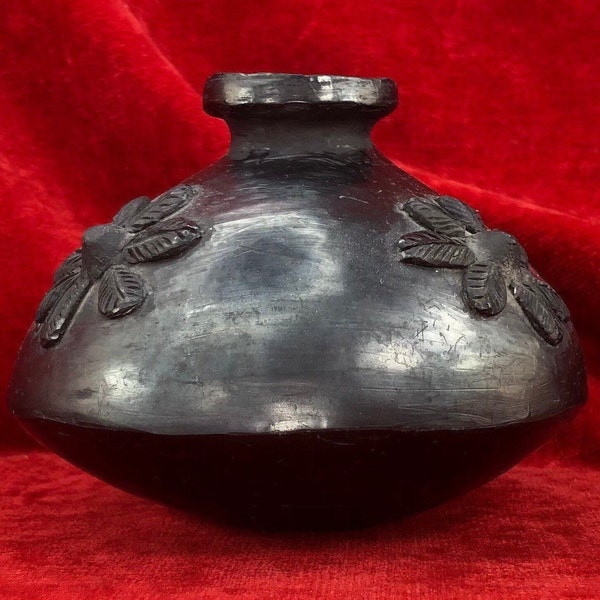 Vintage Blackware Bud Vase - w/ 3 Small Flowers - Handmade Clay Pot - Black Olla - Southwestern Art - Unmarked