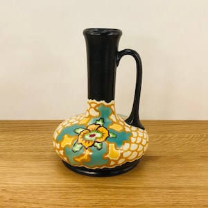 1930’s Ditmar Urbach Vase - Czech - D1613 - Hand Painted Floral with Black Handle - Vintage - Made in Czechoslovakia - FREE SHIPPING
