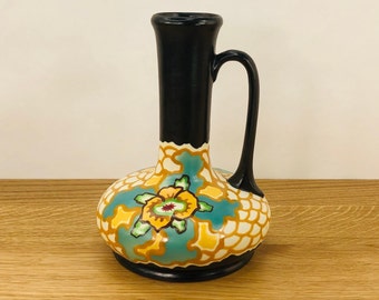 1930’s Ditmar Urbach Vase - Czech - D1613 - Hand Painted Floral with Black Handle - Vintage - Made in Czechoslovakia - FREE SHIPPING