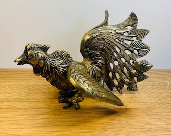 Brass Rooster / Fighting Chicken Figure:  Vintage Figurine  Mid-Century Home Decor  1960s
