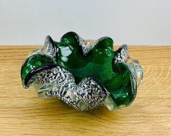 Venetian Silver Leaf Bowl - Emerald Green - Art Glass - Mid Century - Vetro Artistico Veneziano - Murano Italy - 1960’s - FREE SHIPPING