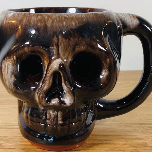 1960’s-70’s Ceramic Skull Mug - Vintage Halloween - Drip-Glazed Redware - Drinkware - Barware - Holds 8 Fluid Ounces - Made in Japan