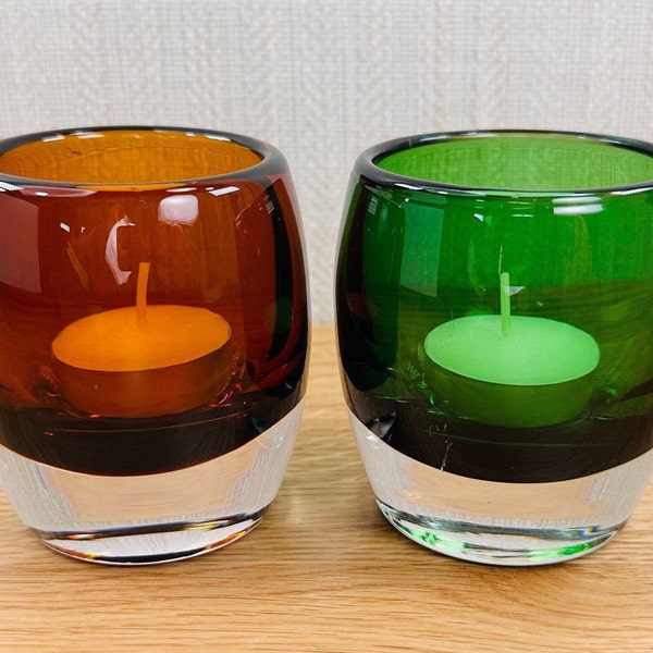 Amber & Green Glass Candleholder Set Tea Light / Votive Candle Sized Contemporary Design Modern Home Decor Unmarked