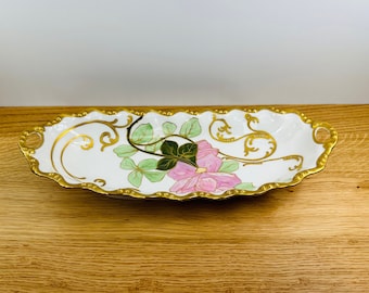 Early-1900’s Limoges LDBC Flambeau Oval Tray - Hand Painted Floral & Gold Serving Or Trinket Tray - Vintage Home Decor - Made in France