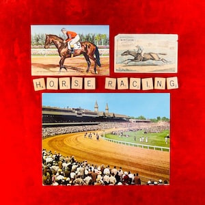 May include: A collage of vintage horse racing images and letter tiles spelling "HORSE RACING." The images depict jockeys on horseback, a race track filled with spectators, and a vintage advertisement. The background is a solid red.