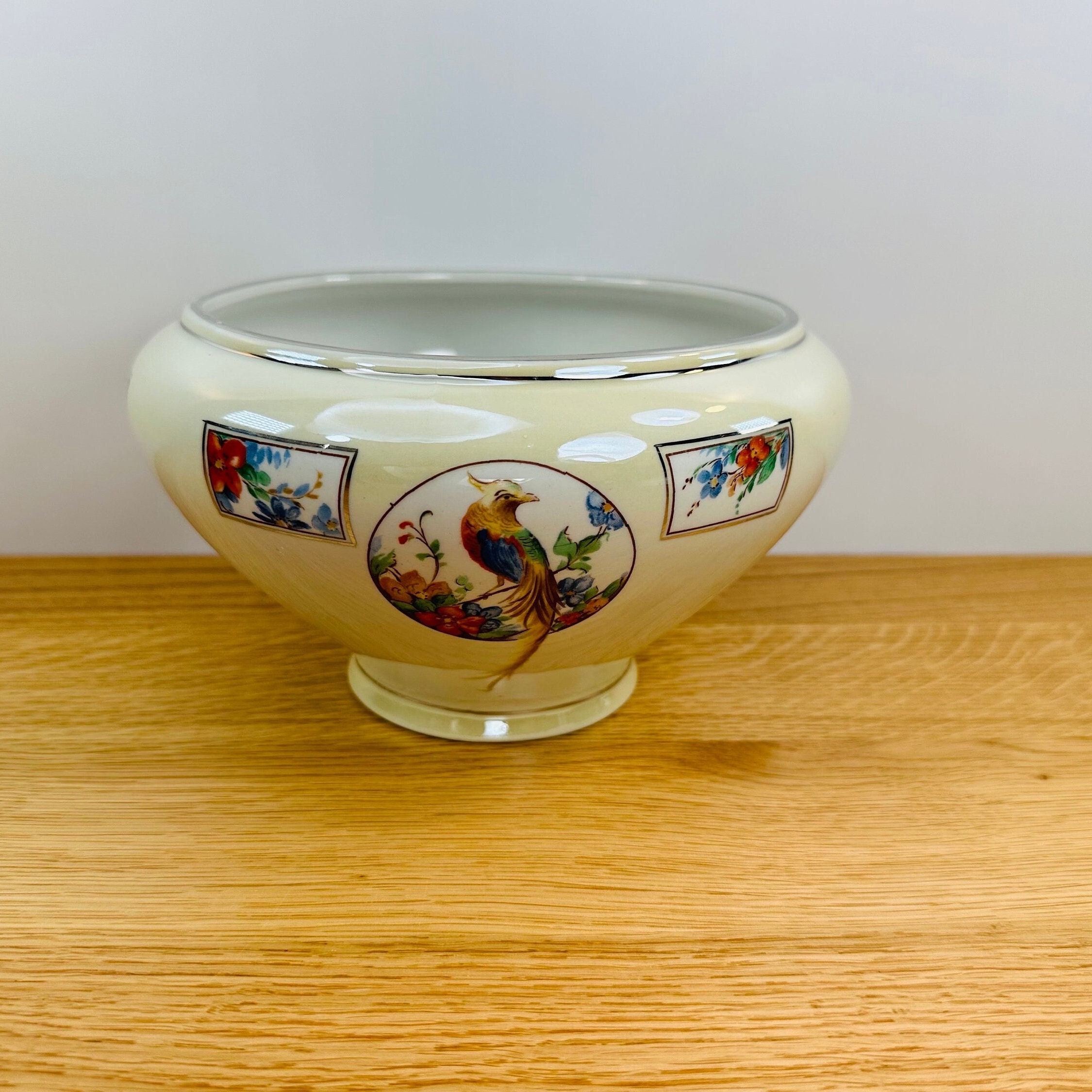 1920s Royal Rochester Centerpiece Bowl Royalite Golden Pheasant Pattern Art Deco Design Vintage Home Decor Made in Ohio USA