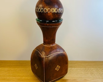 Italian Leather Wrapped Glass Liquor Decanter:  Vintage  Mid Century Barware  Made in Florence Italy