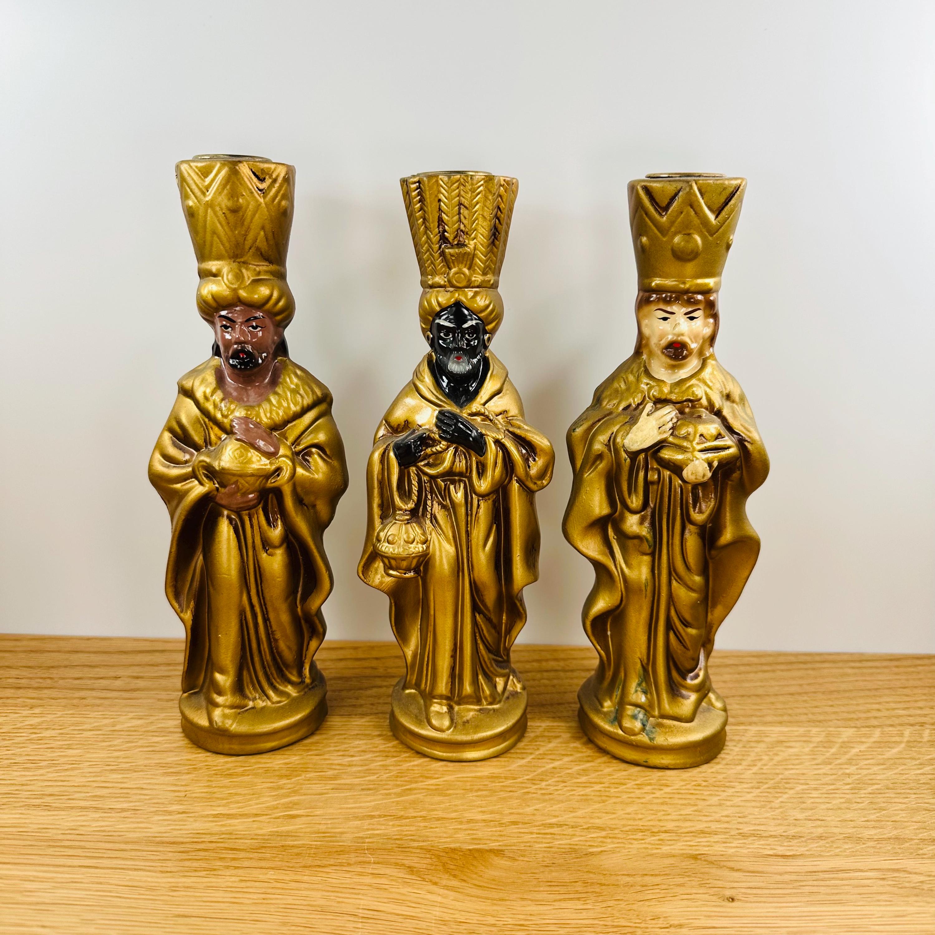 Vintage 1960s Three Wise Men Candlesticks - Hand-painted Christmas