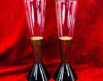 Pair MCM Vases / Flutes Mid Century Modern Removable Glass Vases or possibly Champagne Flutes by Syroco Metal of Syracuse New York USA