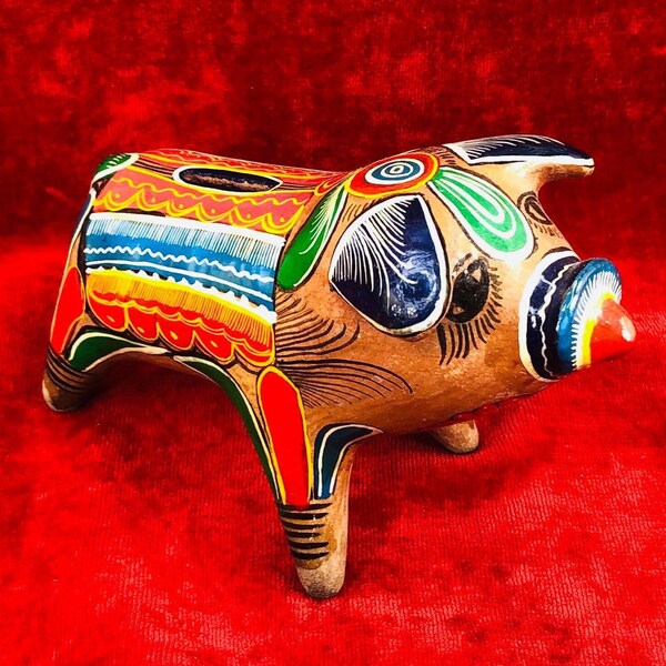 Tonala Piggy Bank - Coin Bank - Hand Painted Mexican Clay Folk Art - Vintage Ceramic - Artisan Pottery - Southwestern Home Decor