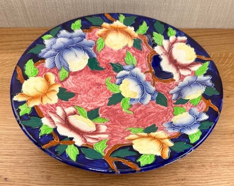 1930’s Maling Ware Pottery Centerpiece Bowl - Peony on Cobalt - Footed/Pedestal Majolica Fruit Bowl - Dinnerware - Made in England