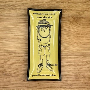 1960’s William Box Humorous Glass Tray - Curved Black Glass - Mid Century - Cartoon - Desk Accessory