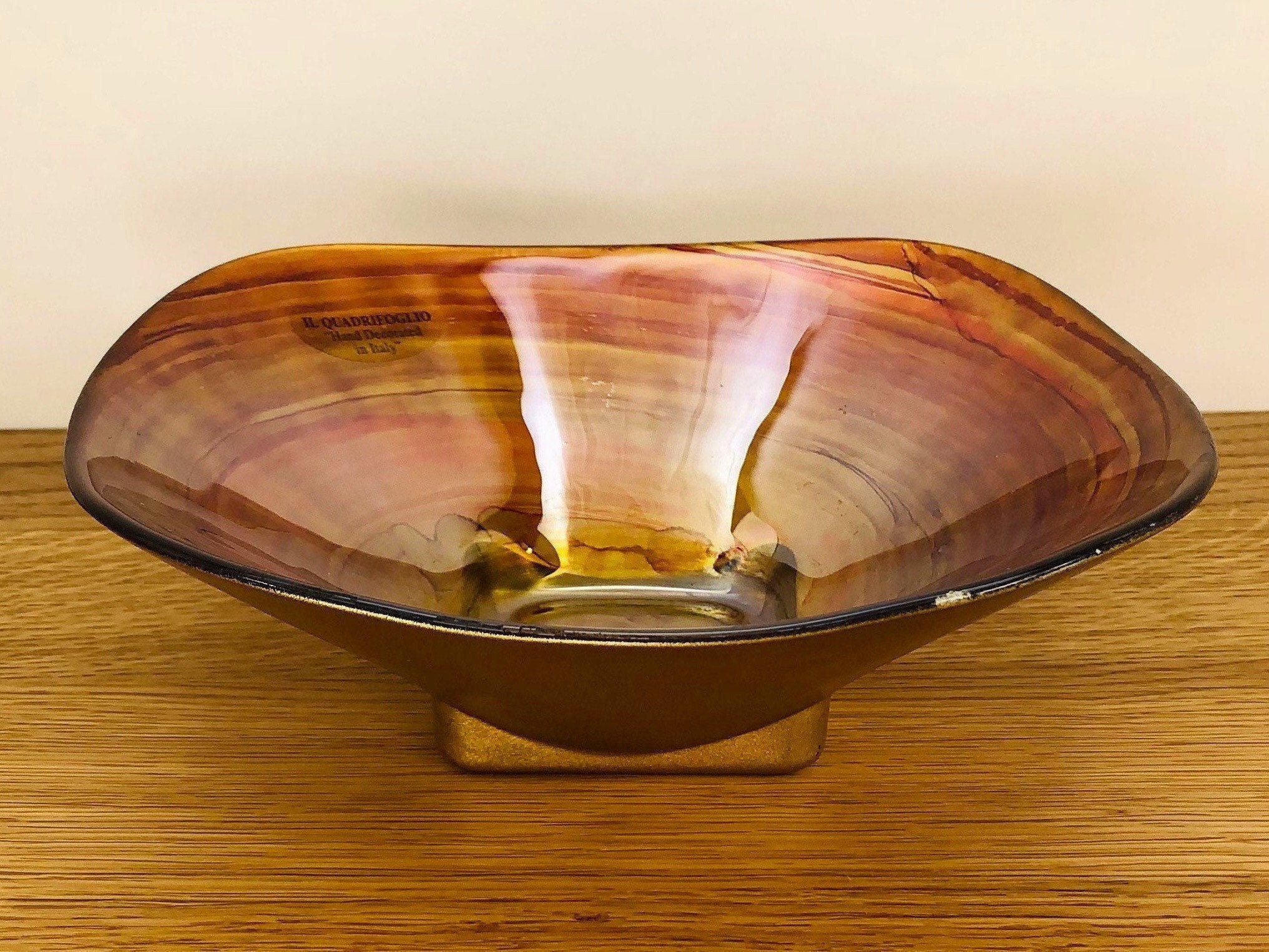 Vintage Il Quadrifoglio Bowl - Swirled Glass with Painted/Applied Gold Backing - Home Decor - Hand Decorated in Italy