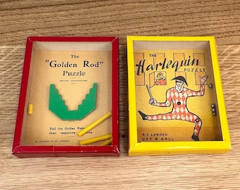Dexterity Puzzle Games 2-Piece Lot:   Vintage  Golden Rod and Harlequin  Made in London, England