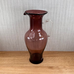 Vintage Purple Glass Pitcher - Hand Made - Amethyst w/ Clear Handle - Water Pitcher - Mid Century - Barware - Drinkware