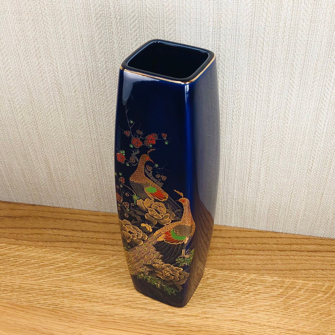 Cobalt Blue Peacock Vase: Vintage Tall Rectangular Ceramic With Gold ...