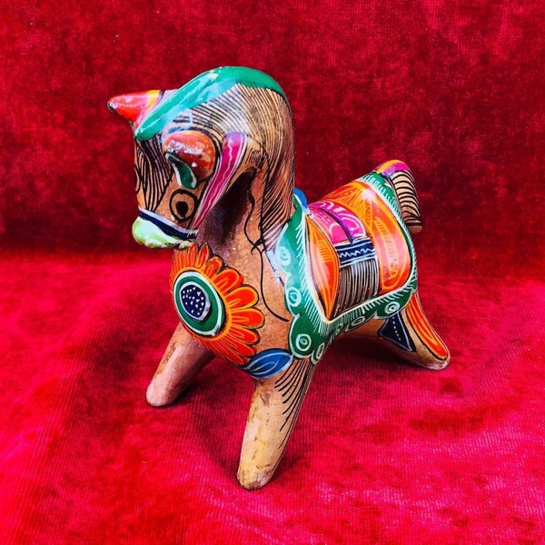 Tonala Piggy Bank Coin Hand Painted Horse Mexican Clay Vintage Ceramic Southwest Pottery Home Decor