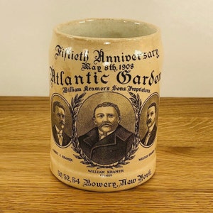 1908 NY Atlantic Garden Beer Stein - Bowery Beer Hall - 50th Anniversary - Mettlach Stoneware - Mug - Barware - New York USA - Free Shipping