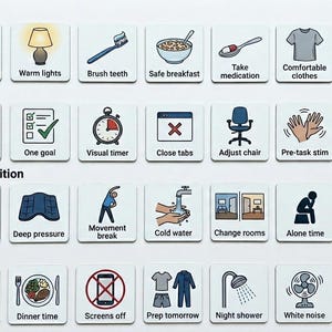 Puede incluir: Una cuadrícula de iconos ilustrados que representan rutinas diarias. Los iconos representan actividades como beber agua, cepillarse los dientes y tomar medicamentos. Otros iconos muestran tareas relacionadas con el trabajo, reinicio sensorial y rutinas nocturnas.