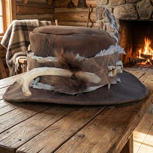 Handsewn Leather Mountain Man Hat with Hatband Rustic Buckskinner