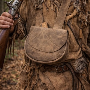 May include: A brown leather shoulder bag with a curved flap, worn over a fringed, fur-trimmed jacket. A long rifle is held in the left hand. The outfit suggests a historical or frontier theme.