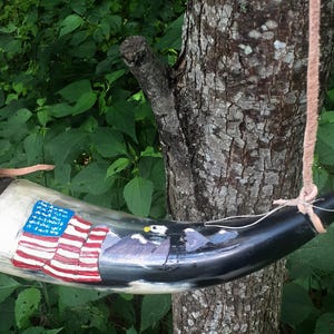 Powder Horn with American Flag Bald Eagle Purple Mountains