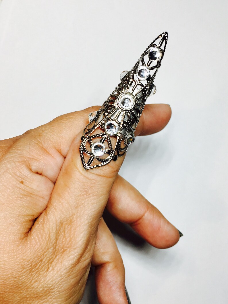 nail ring,thumb claw adjustable. metal ring,silver filigree,clear Crystals,1 pc Crystal claw ring,nail guard,claw