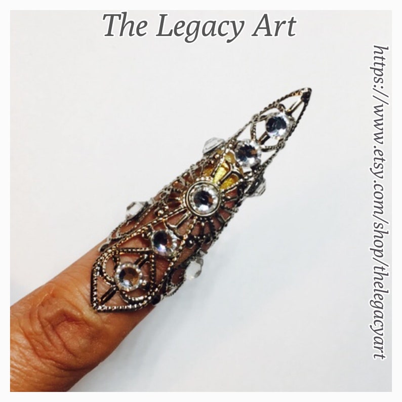 nail ring,thumb claw adjustable. metal ring,silver filigree,clear Crystals,1 pc Crystal claw ring,nail guard,claw
