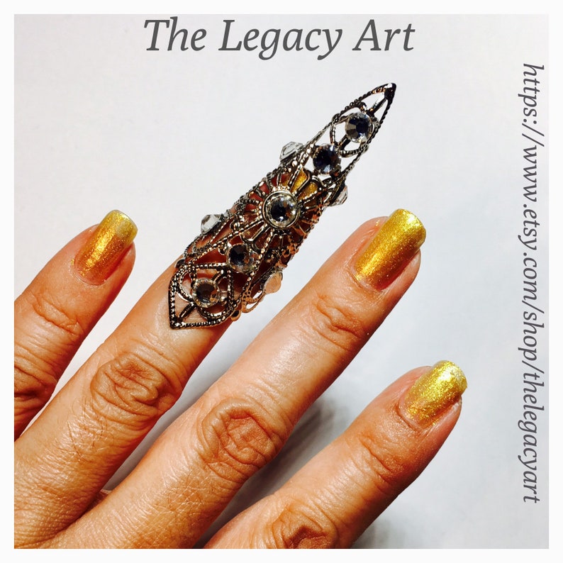 nail ring,thumb claw adjustable. metal ring,silver filigree,clear Crystals,1 pc Crystal claw ring,nail guard,claw