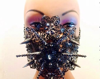 Black star mask,mouth guard,mouth mask,crystal mask,mouth piece,face piece,black mask,crystal mask,black filigree,hematite crystals.