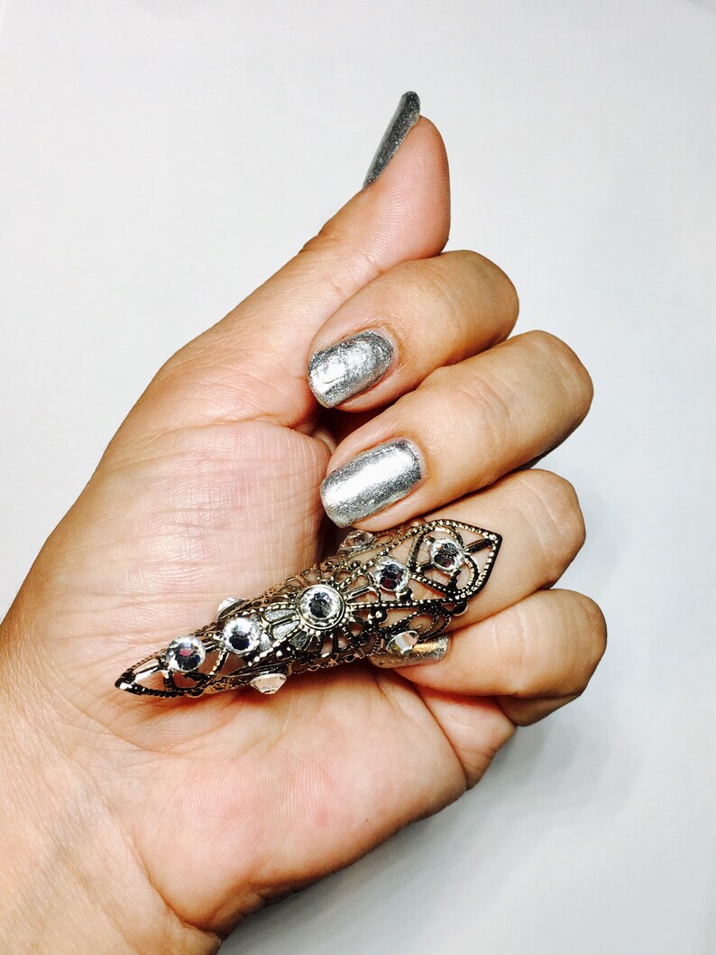 nail ring,thumb claw adjustable. metal ring,silver filigree,clear Crystals,1 pc Crystal claw ring,nail guard,claw