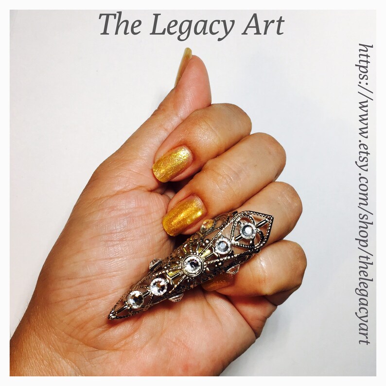 nail ring,thumb claw adjustable. metal ring,silver filigree,clear Crystals,1 pc Crystal claw ring,nail guard,claw