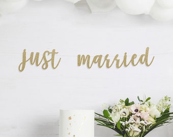 just married cursive banner, wedding decorations, gold glitter party decor, bride and groom, photo prop, celebration banner, mr & mrs