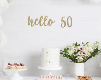 50th Birthday, Hello 50 Banner, 50th Party, 50th Anniversary, Happy 50th, 50th Birthday Banner, Cursive Banner, Gold Glitter Party Banner