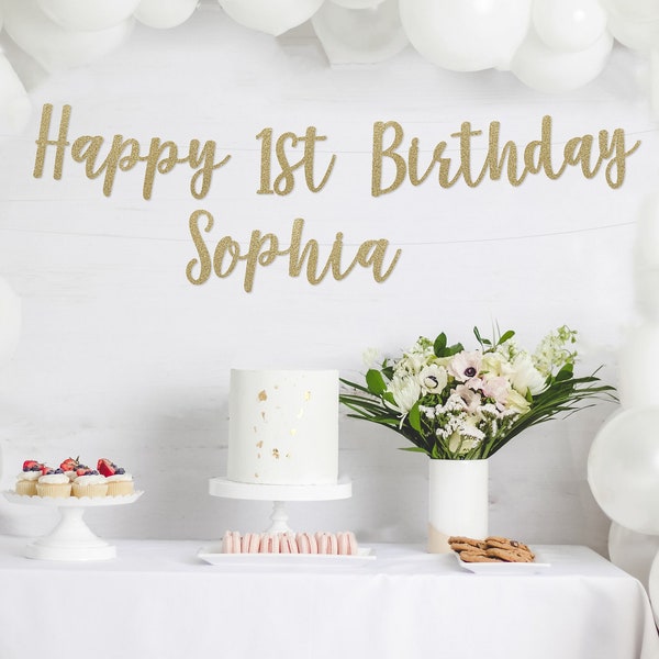 Happy 1st Birthday Banner | 1st birthday party | first birthday banner | Personalized Name | Gold Glitter Banner| custom name | 1st birthday