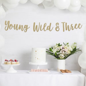 May include: A celebratory scene with a white tablecloth, cake, and balloons. A banner reads "Young Wild & Three" in gold script. A white cake with gold accents sits on a pedestal, with cupcakes and cookies nearby. A bouquet of flowers is in a white vase.