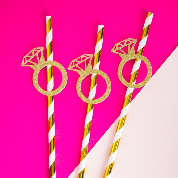 Diamond Ring Paper Straw, Bachelorette Party, Bridal Shower, Last Hoe Down Decor, Gold Glitter Ring Straws, Gold Striped Straw, Engaged Ring