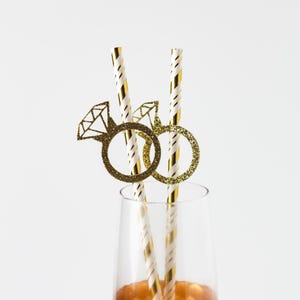 Diamond Ring Paper Straw, Bachelorette Party, Bridal Shower, Last Hoe Down Decor, Gold Glitter Ring Straws, Gold Striped Straw, Engaged Ring