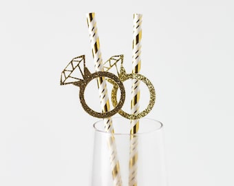 Diamond Ring Paper Straw, Bachelorette Party, Bridal Shower, Last Hoe Down Decor, Gold Glitter Ring Straws, Gold Striped Straw, Engaged Ring