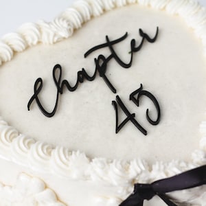 May include: A heart-shaped cake with white frosting and piped frosting edges. The cake is decorated with the words "chapter 45" in black script. Black ribbons are tied around the base of the cake.
