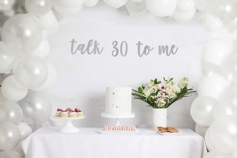 talk 30 to me banner, Custom Glitter Thirtieth Birthday Party Decor, Dirty 30th, Flirty 30, Cheers to 30 Years Decorations, happy 30th image 2