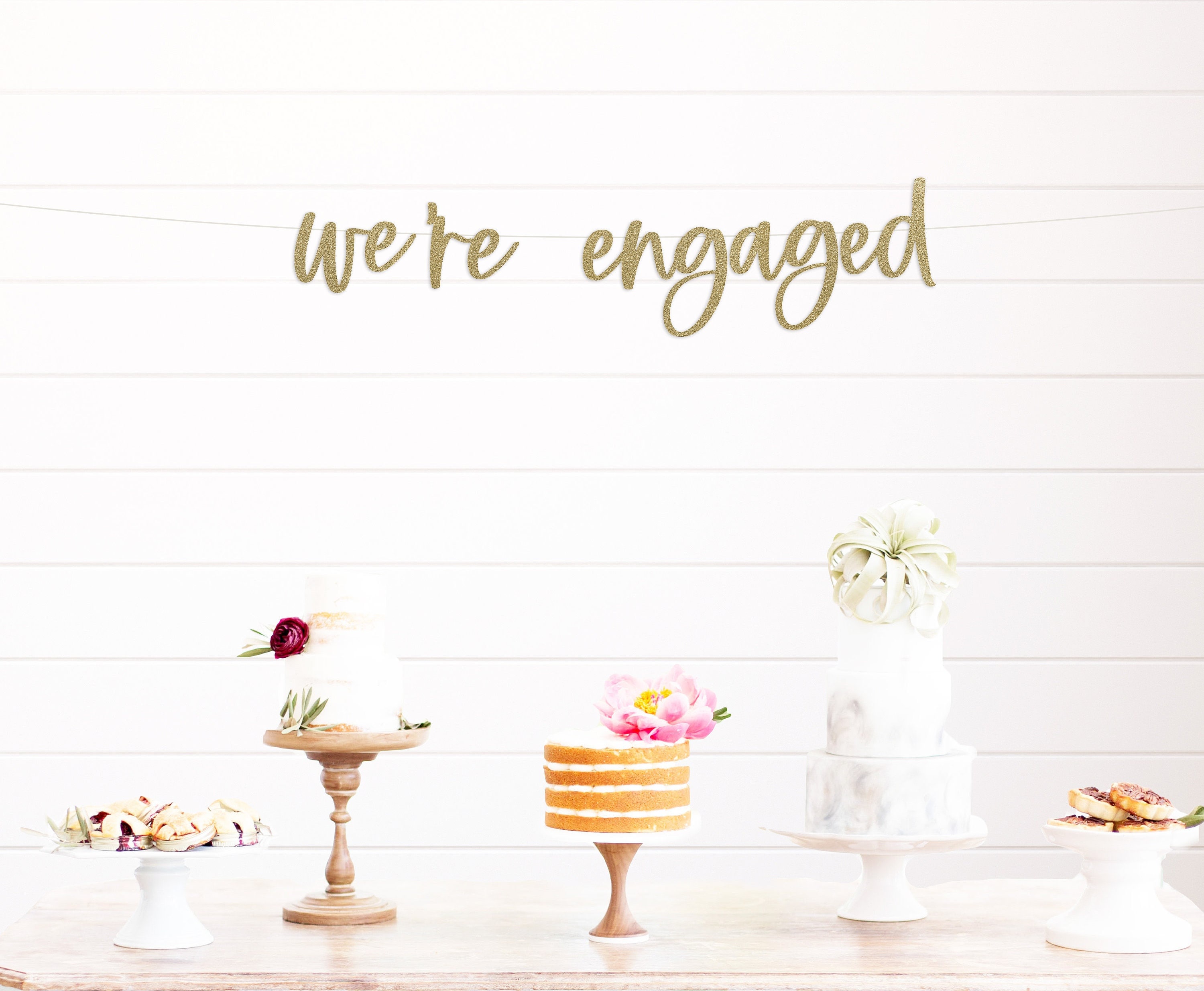 Continuous Line Script Engaged We're Engaged Cursive Banner, Gold Glitter Decorations / Script ...